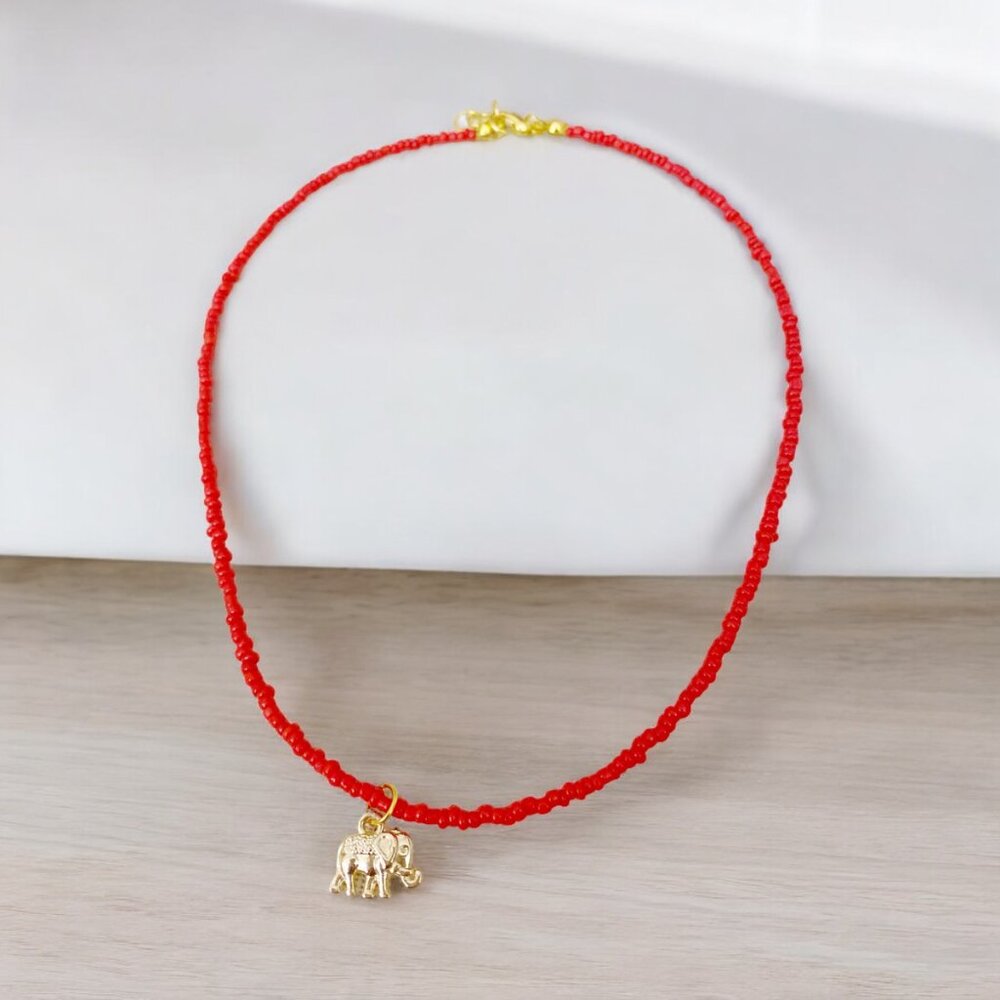 HANDMADE Red Seed Bead Gold Elephant Tiny Pendant Charm Choker Necklace